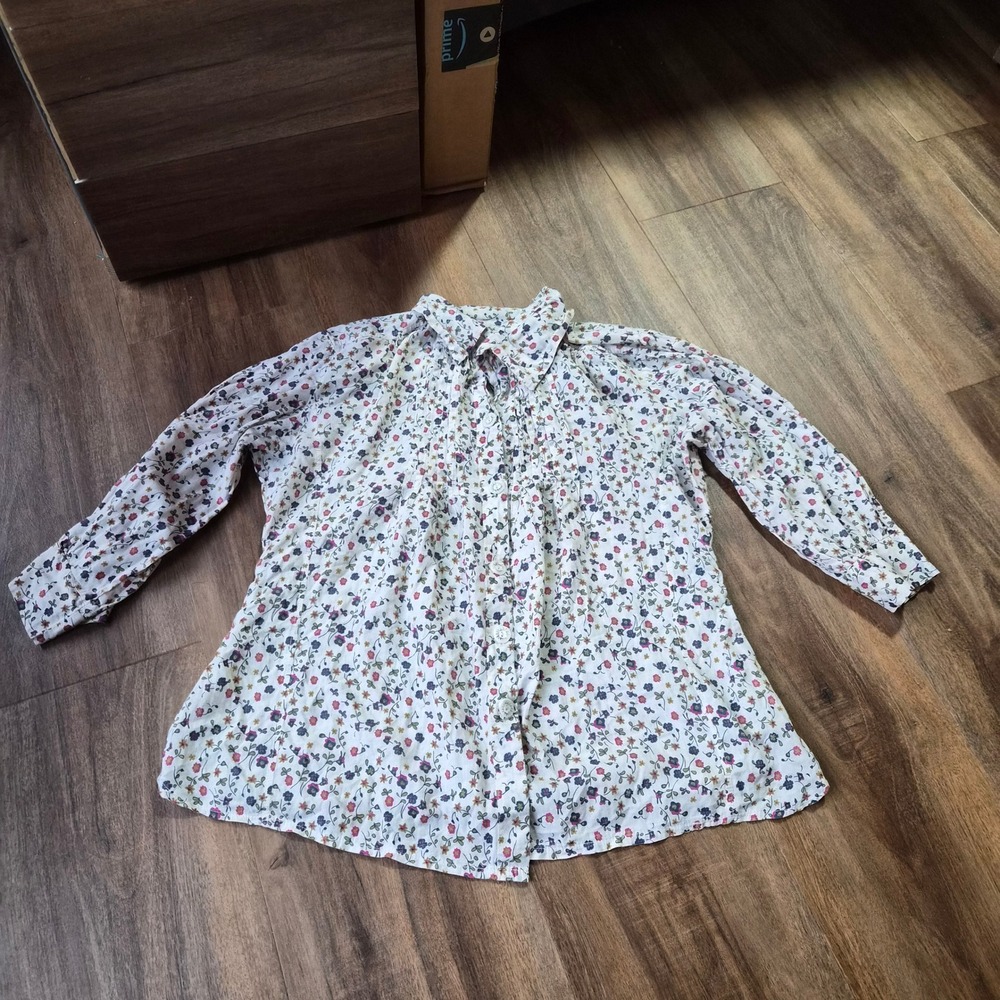 Dispose Womens Floral Pintuck Button Front Blouse White Long Sleeve Cottagecore